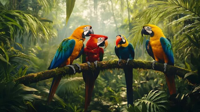 Colorful macaw parrots perched on branch in tropical rainforest