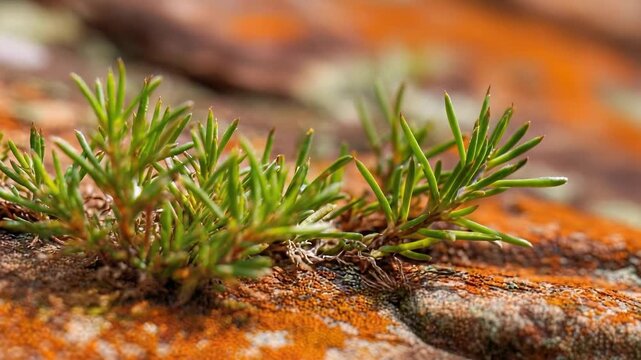 Tiny pine saplings grow from a rock covered in orange lichen.