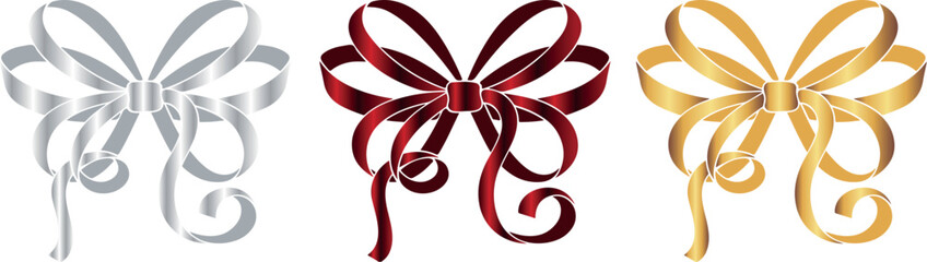 set of icons of ragged bows made of thin ribbons with multi-colored gradients, for holiday designs, invitations, flyers or decorative frames
