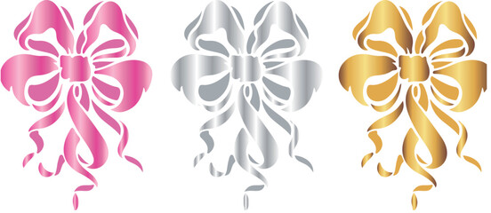 set of icons of bows folded into a flower shape from thin ribbons of different colors, for holiday designs, invitations, flyers or decorative frames