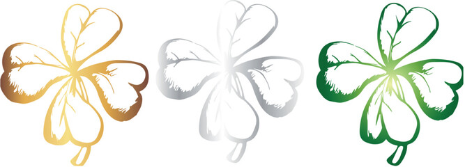 set of four-leaf clovers with different gradients in sketch style, for holiday designs, invitations, flyers or decorative frames