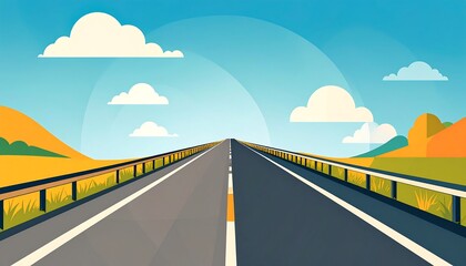 A long asphalt road stretches into the distance under a bright sky with scattered white clouds and colorful hills