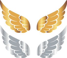 set of two pairs of cupid wings with gold and silver gradient, for holiday designs, invitations, flyers or decorative frames