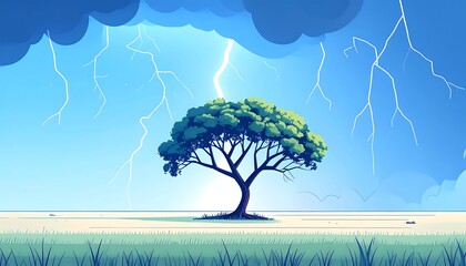 A stylized tree stands in a field under a stormy sky with lightning bolts striking nearby