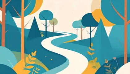 A winding path meanders through a stylistically rendered forest of teal, blue, gold and cream-colored trees