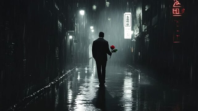 Lonely man holding red rose walking through rainy city alley at night