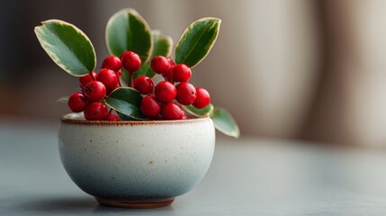 Single holly berry cluster in tiny ceramic bowl, muted red accents, clean space