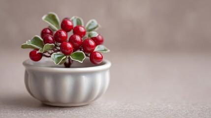 Single holly berry cluster in tiny ceramic bowl, muted red accents, clean space