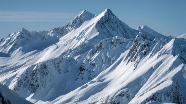 Snow-covered jagged mountain range with steep ridges under a clear blue sky.
