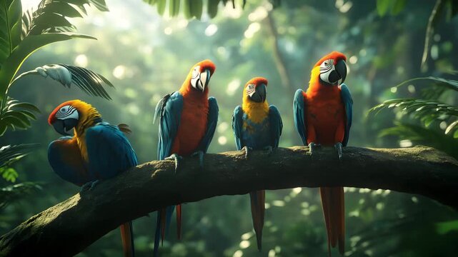 Group of colorful macaw parrots sitting on tree branch in rainforest