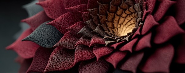 Close-up of a maroon grid-paper chandelier with a floral, spiraling petal design