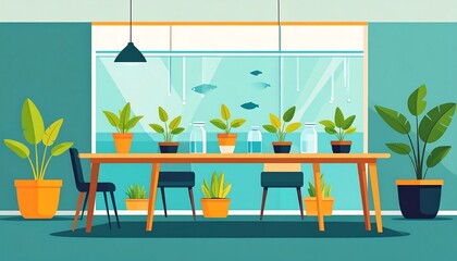 Obraz premium A flat, stylized illustration of a light and airy room with houseplants and fish tank behind a long table