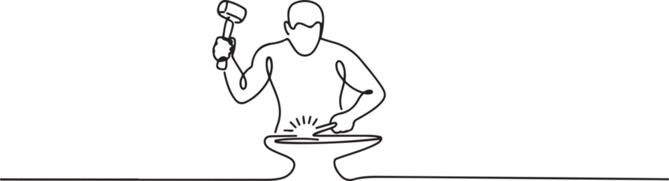 One continuous line drawing of blacksmith working activity with white background. one line Art icon drawing