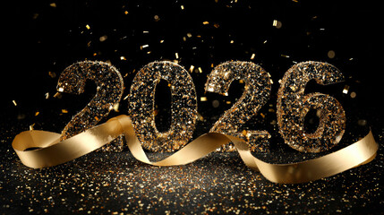 Luxury Black and Gold &ldquo;2026&rdquo; Typography with Sparkling Confetti and Golden Ribbon, Dramatic Lighting, Elegant New Year Celebration, Premium Festive Design Concept