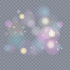 Sparkling glare light effects with colorful shimmer. Beautiful lens flare effect with bokeh, glittery particles and rays. Shining abstract background. Vector illustration