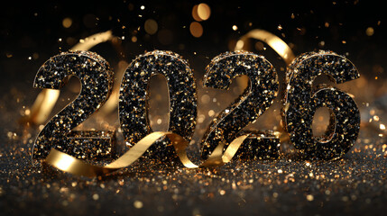 Luxury Black and Gold &ldquo;2026&rdquo; Typography with Sparkling Confetti and Golden Ribbon, Dramatic Lighting, Elegant New Year Celebration, Premium Festive Design Concept
