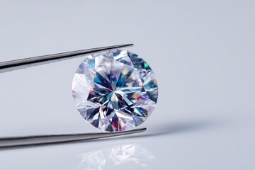 Macro shot of a lab-grown diamond in tweezers, showcasing its clarity and brilliance