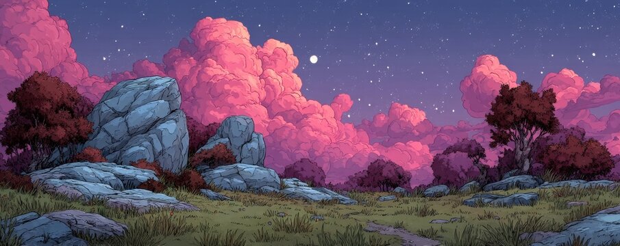 Cartoon style night forest background with stars, rocks and pink clouds for animation