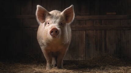 A pig stands facing forward in a dimly lit barn with wooden walls and hay on the ground, creating a rustic feel
