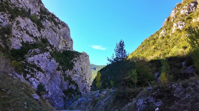 Driving through the Minchate gorge, Foz de Mintxate in Isaba, in the Roncal valley Navarra, Spain, Europe