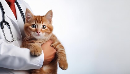 Veterinarian holding ginger kitten