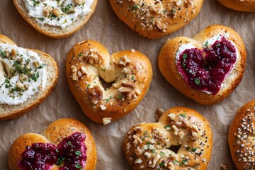 Top down view of a repeating layout of toasted heart-shaped bread with various toppings, showcasing a delightful arrangement of culinary art and textures