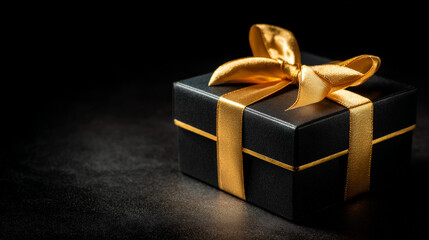 Luxury Gift Box with Golden Ribbon, Black Background, Dramatic High-Contrast Lighting, Elegant Holiday or Celebration Decoration, Premium Gift Presentation, Festive Concept