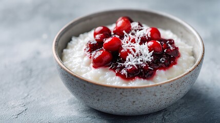 Coconut-milk rice pudding with cranberry compote, modern bowl on light stone surface, smooth copy space composition