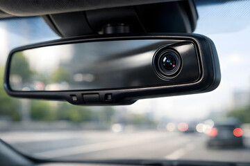 Modern car interior with rearview mirror camera technology