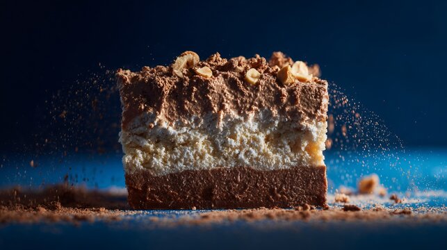 Hazelnut-chocolate semifreddo slice, frosty edges visible, deep navy-blue backdrop, dramatic negative space