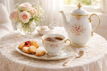 Romantic Tea Party Table with Fine China and Sweet Treats