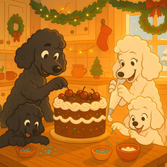 Adorable Poodle Family Decorating a Festive Christmas Cake