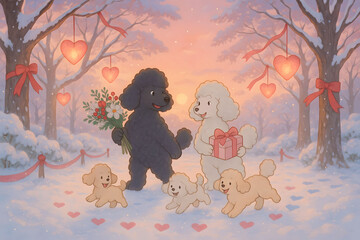 Romantic Poodle Family Celebrating Valentine's Day in a Snowy Park