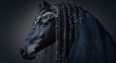 black horse with a long braided mane