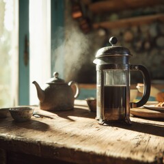steaming cup of coffee and a french press on an old wooden table