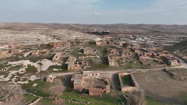Aerial drone view of ancient Sogmatar archaeological site in Sanliurfa, Turkey