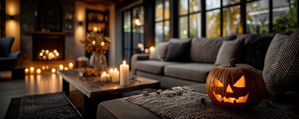 Fototapeta premium Cozy living room with warm candlelight and a carved pumpkin on a modern ottoman for autumn evenings