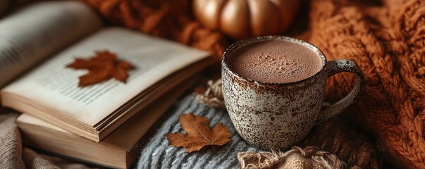 Cozy autumn setting with an open book, leaf accents, and a warm coffee mug on textured fabrics