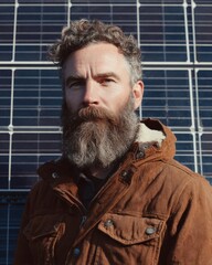 bearded man with a solar panel background