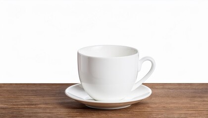 White teacup and saucer on wood table