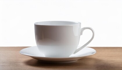 White teacup and saucer on wood table