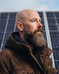 bearded man with a solar panel background