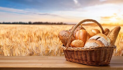 Wicker basket of bread against wheat field
