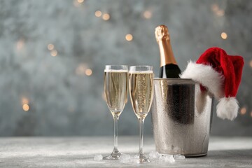 two glasses of champagne with a santa claus hat