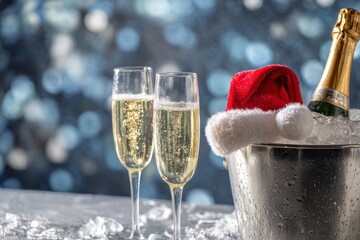 two glasses of champagne with a santa claus hat