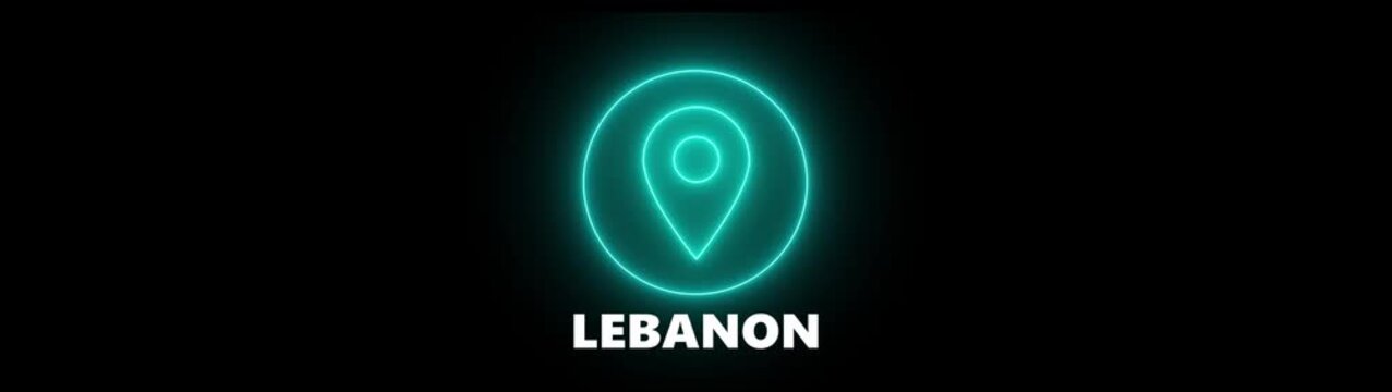 Neon Location Pin Icon with Lebanon Text on Black Background navigation