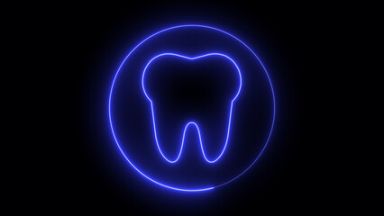 Neon glowing tooth icon on a dark background. Representing dental health and hygiene awareness. 3d illustration