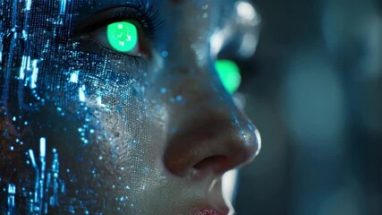 Close up of futuristic digital human face with glowing green eyes and artificial intelligence data overlay - Powered by Adobe