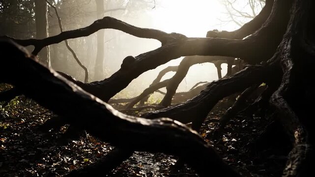 Exposed tree roots in a forest