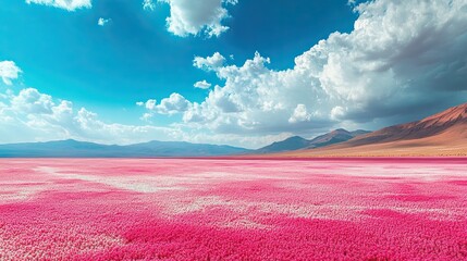 Vibrant pink desert landscape, with vast sand dunes under a bright blue sky, showcasing nature's beauty.